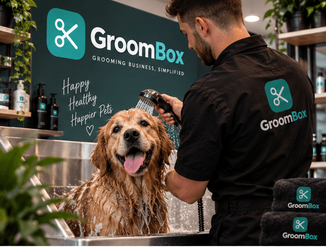 GroomBox-branded grooming salon with a dog being bathed.