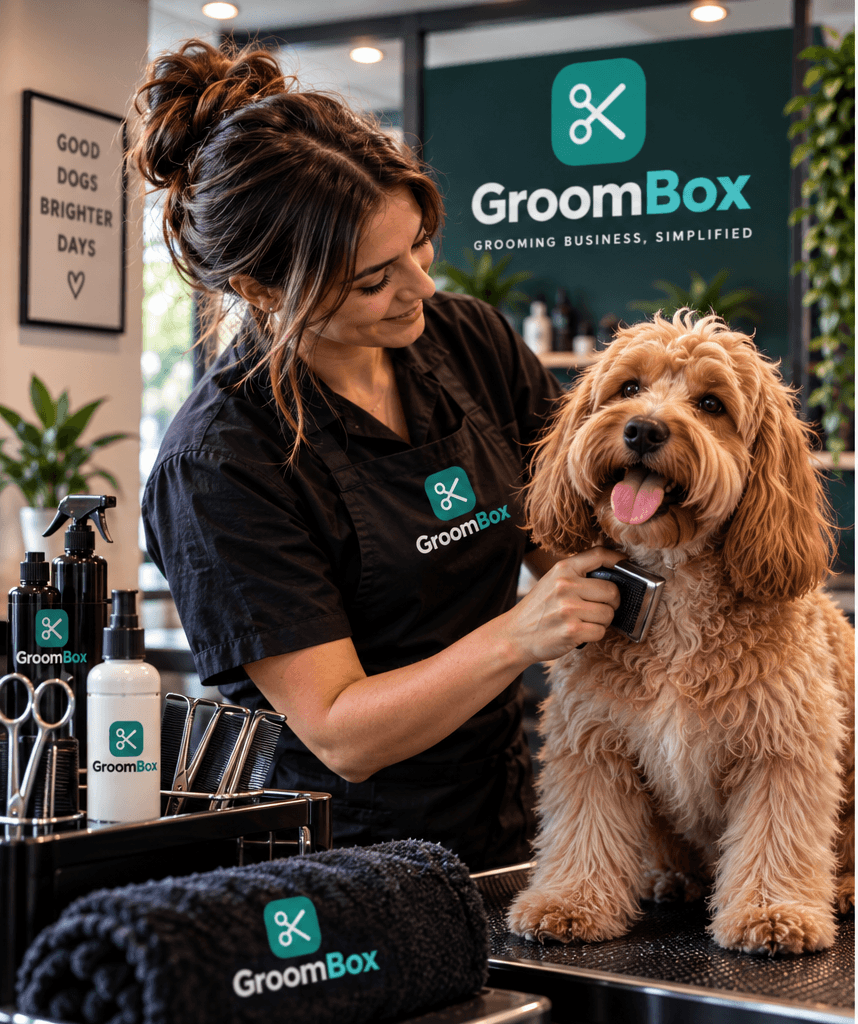 GroomBox-branded grooming salon with a groomer brushing a dog.