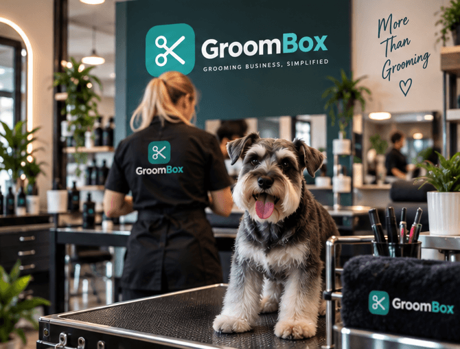GroomBox-branded grooming salon station with a schnauzer on the grooming table.
