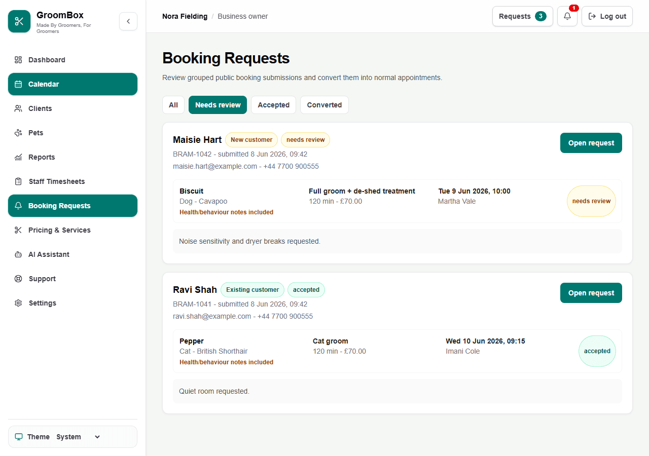 Demo GroomBox booking requests list with fictional customer, pet, service and consent details. (light mode demo).