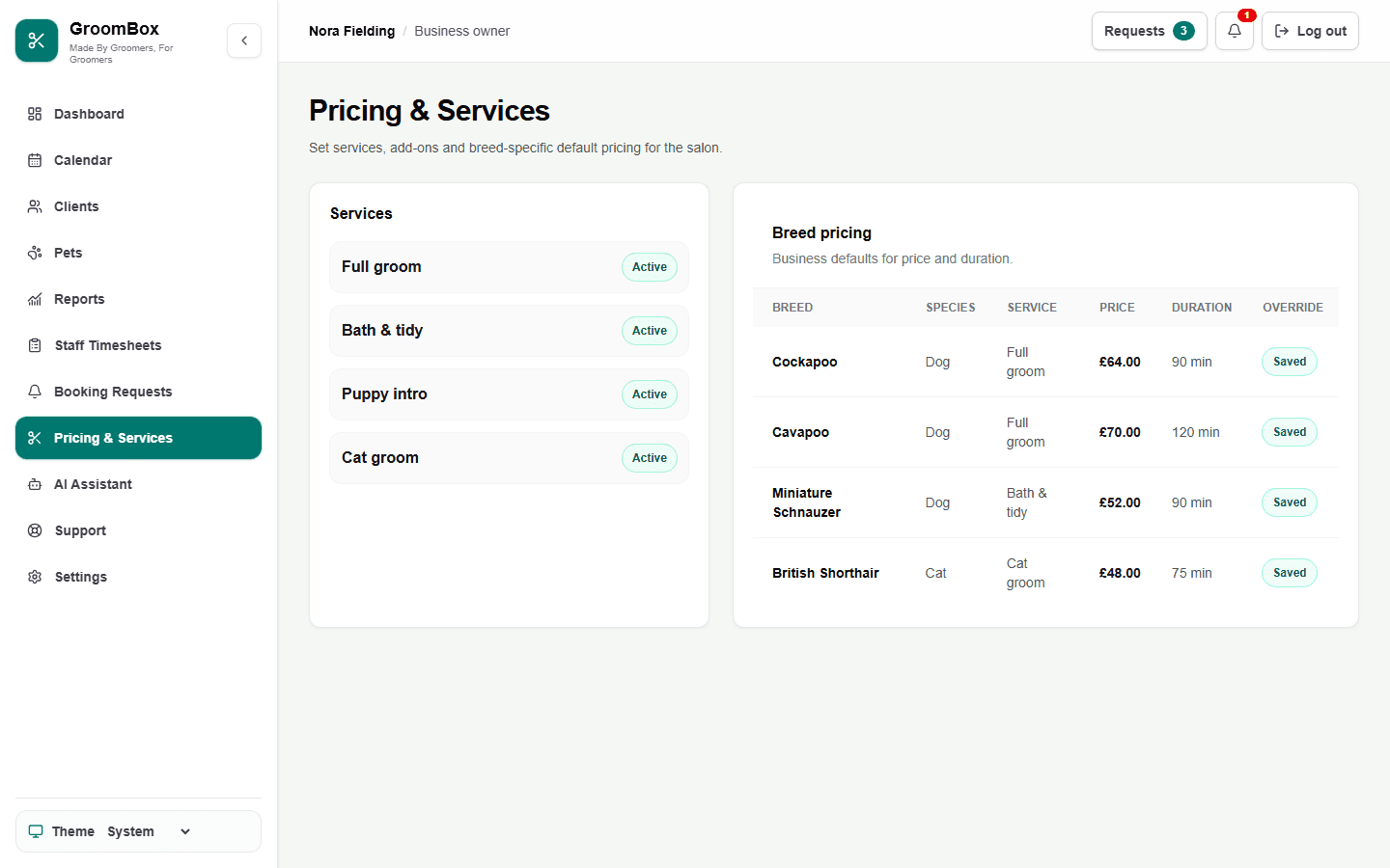 Demo GroomBox pricing and services screen with fictional breed-specific prices and durations. (light mode demo).