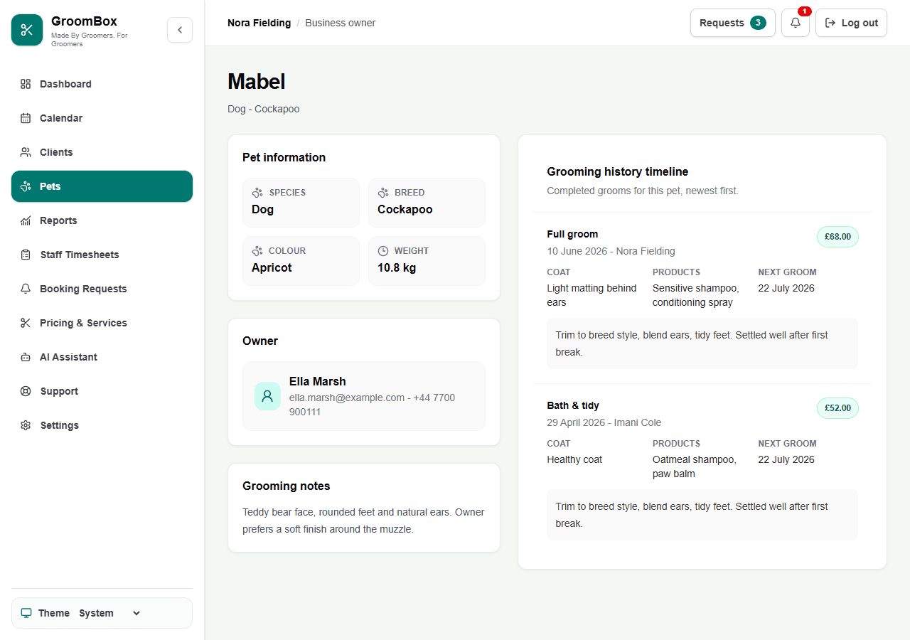 Demo GroomBox pet profile with fictional owner details, grooming notes and grooming history. (light mode demo).