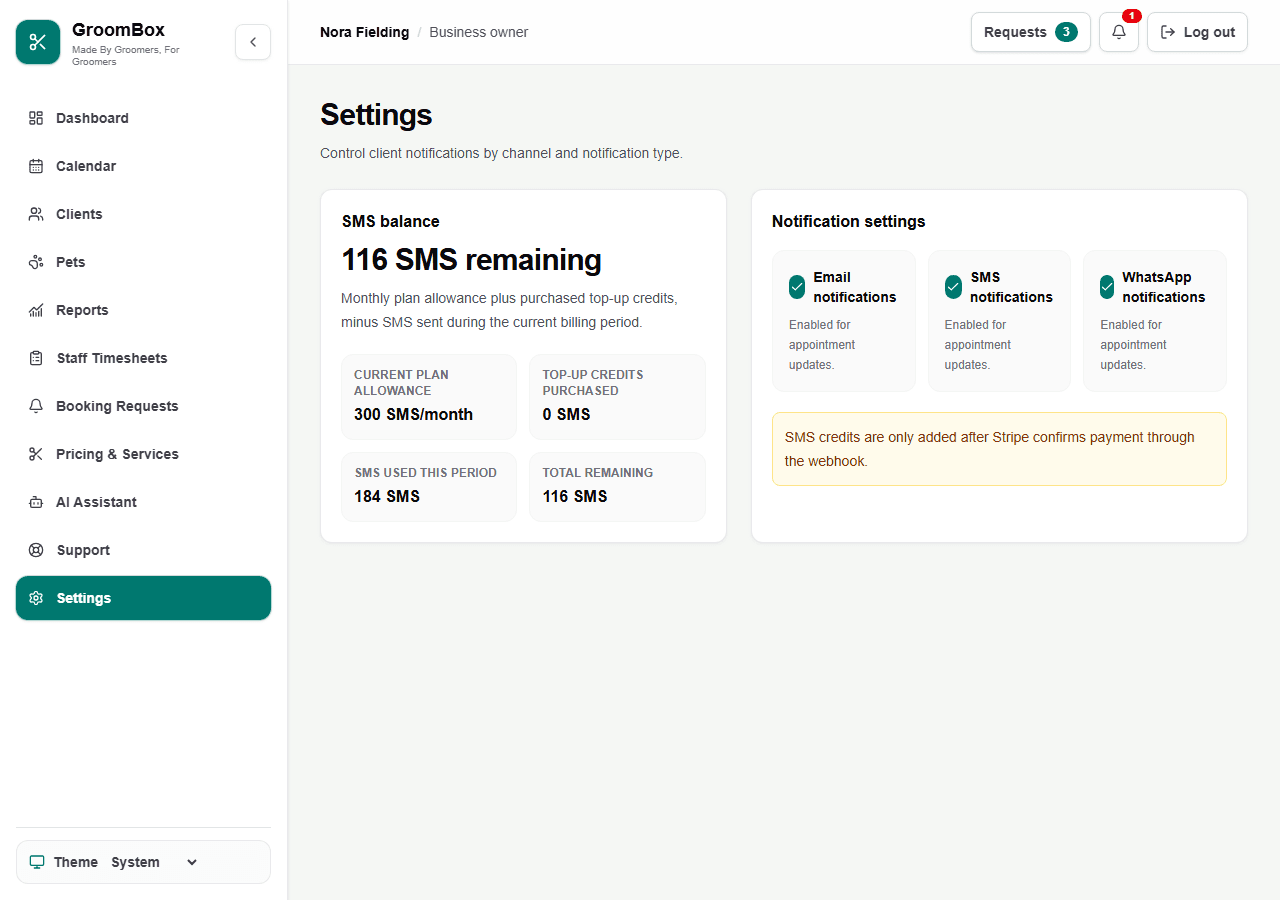Demo GroomBox SMS balance and notification settings with fictional usage figures. (light mode demo).
